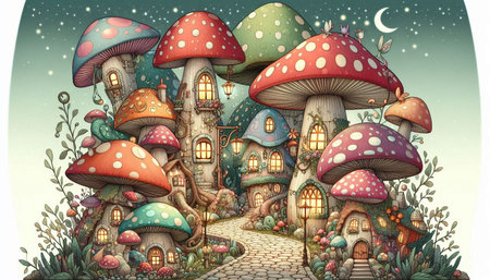 Cartoon fairy tale scene with fantasy houses and mushrooms - illustration for children
