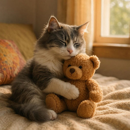 Cute tabby cat and teddy bear on bed at home