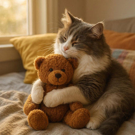Cute cat and teddy bear sitting on the sofa at home