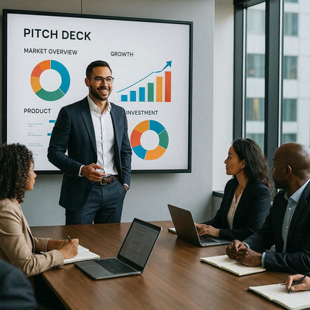 African american businessman giving presentation in boardroom. Multiethnic business people sitting at table and looking at camera. Teamwork concept
