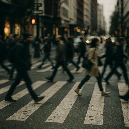 People walking on zebra crossing in London, UK. Blurred motion.