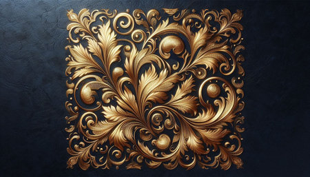 3d illustration of golden floral pattern on the black wall background.