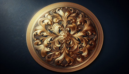 Luxury golden plate with floral ornament on dark background. 3D rendering