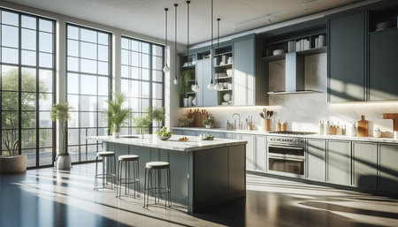 3d rendering of modern kitchen in a loft with a beautiful design