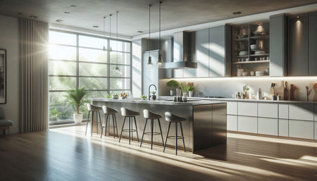 3d Illustration of modern kitchen in a loft with a beautiful design