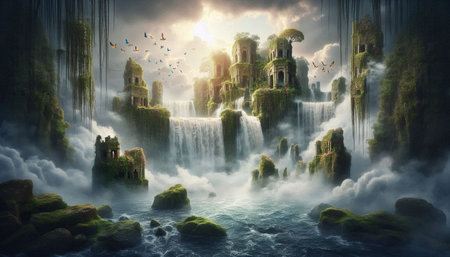 Fantasy landscape with a waterfall in the clouds. 3d rendering