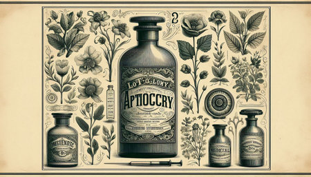 Vintage illustration of a bottle of herbal medicine with floral background.