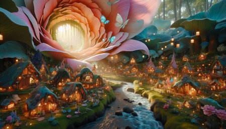 3d render of fairy tale village in the forest with flowers and butterflies