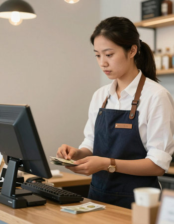 young asian woman cashier counting money at counter in coffee shop