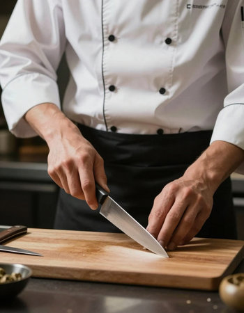 Chef cutting a piece of meat with a knife in a restaurant kitchen
