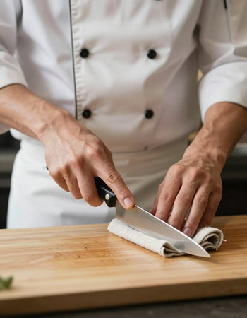 Chef cutting a knife on a cutting board in a commercial kitchen