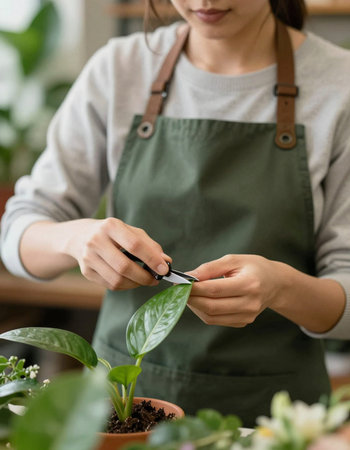 close up of young florist cutting plant with scissors in flower shop