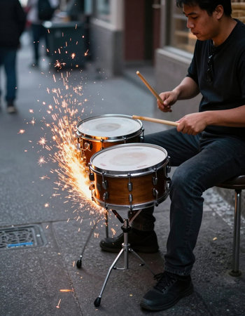 Drummers playing on the street at night in Paris, France