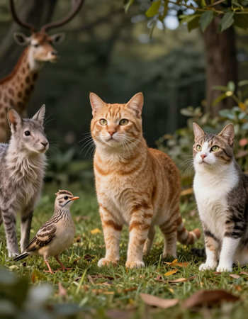 group of cats in the garden with a baby chick in the background