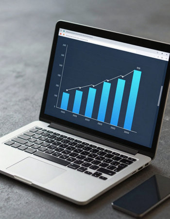 Laptop with business graph on screen, closeup. Financial growth concept