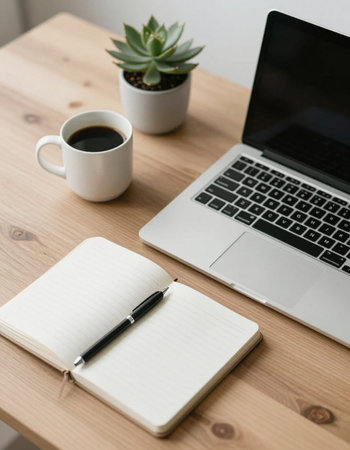 Laptop with notebook and coffee cup on wooden table at home office
