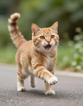 ginger cat walking on the road with open mouth and tongue out