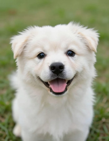 Portrait of a cute white puppy sitting on the green grass.