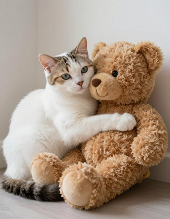 Cute cat and teddy bear sitting on the floor at home