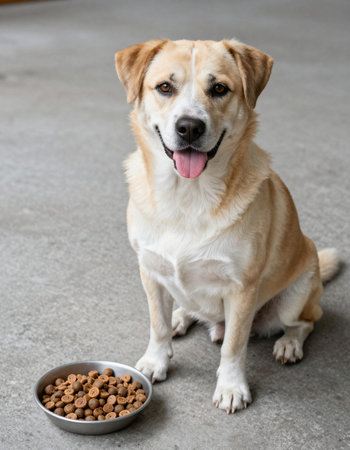 Cute dog and bowl of dry food on cement floor, stock photo