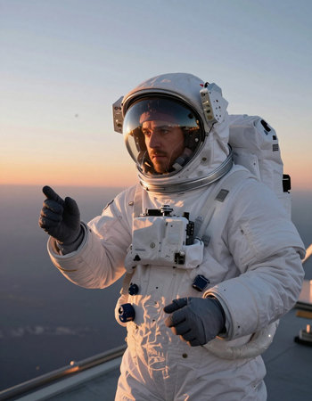 Astronaut in a spacesuit pointing at the sky at sunrise