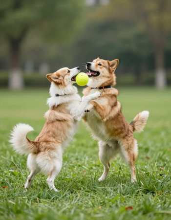 Two Welsh Corgi dogs playing with a ball in the park