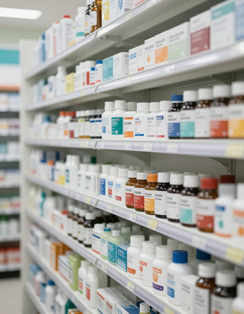 Pharmacy drugstore shelves with medicine bottles and containers. Shallow depth of field