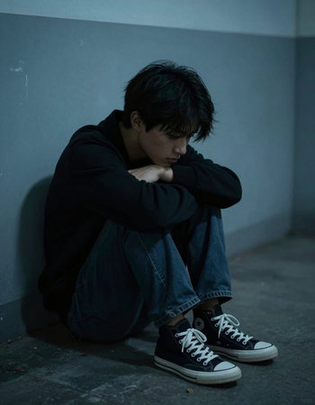 Sad and depressed Asian man sitting on the floor in the dark.