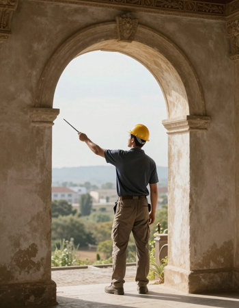 Worker with yellow hardhat on his head looking at the wall