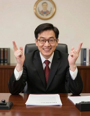 Smiling Asian businessman sitting at his desk and showing victory sign.