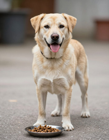 Close up of a yellow Labrador Retriever eating food from a bowl