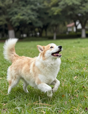 Pembroke Welsh Corgi is running in the park