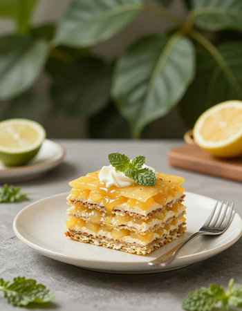 Piece of honey cake with lemon and mint on a white plate
