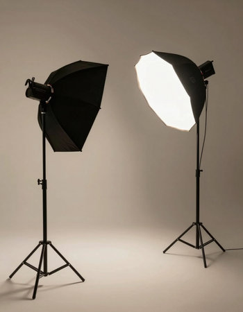 Studio lighting equipment on a gray background. Softbox light and flash.