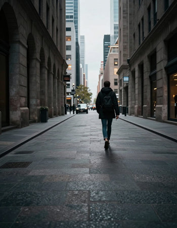 A young man walking down a street in New York City, USA.