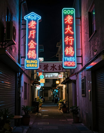 Neon signs at night in Nagasaki, Japan