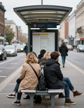 A rear view of a group of people waiting for a bus at a bus stop.
