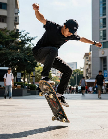 Skateboarder performing tricks on a skateboard in the city
