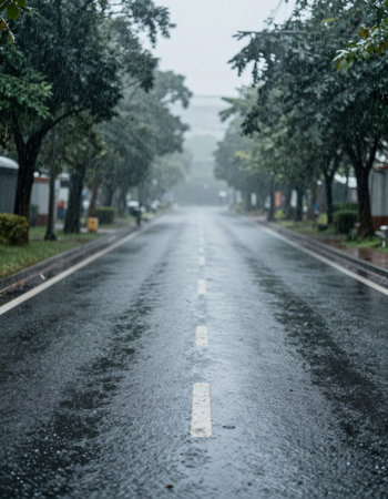 Rainy day in the city. Rain on the road in the city.