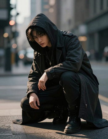Portrait of a young man in a black coat sitting on the street