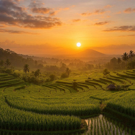 Rice terraces at sunset in Bali, Indonesia. Bali is a popular tourist destination.