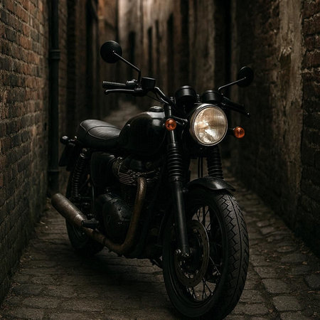 Vintage motorcycle parked in the old city. Retro style photo.