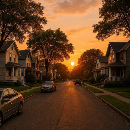 Sunset in a row of homes in a suburban neighborhood in Baltimoreland.