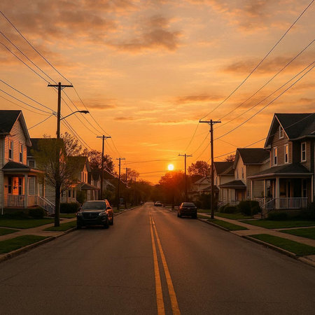 Sunset on a suburban street in the United States of America.