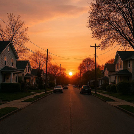 Sunset in a suburban neighborhood in the United States of America.