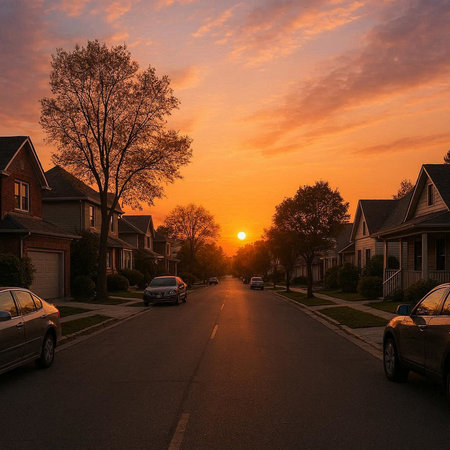 Sunset on a suburban street in the United States of America.