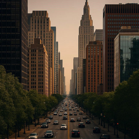 Traffic on the street at sunset.
