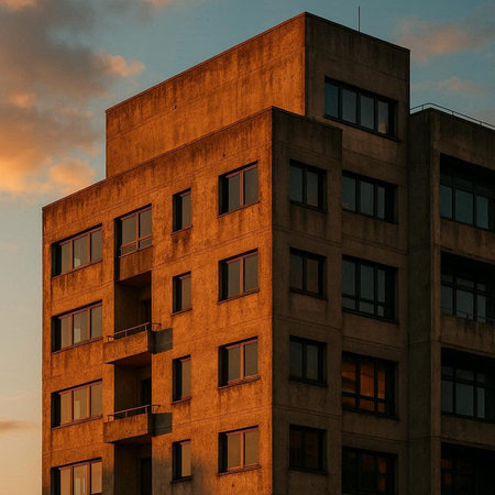 Modern apartment buildings at sunset. Facade of a modern apartment building