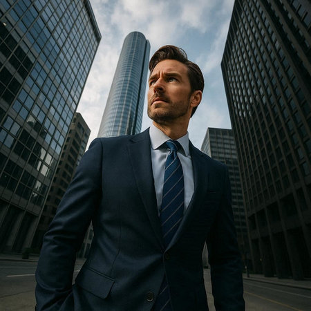 Portrait of a young businessman in a suit on the background of skyscrapers