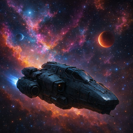 Space ship in deep space with planets and stars. 3D rendering